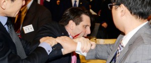 SEOUL, SOUTH KOREA - MARCH 05:  (SOUTH KOREA OUT) In this handout image provided by Munhwa Ilbo newspaper, U.S. Ambassador to South Korea Mark Lippert is seen right after getting attacked on March 5, 2015 in Seoul, South Korea. Ambassador Lippert was attacked with a razor blade by a man at a venue where he was going to give a lecture. The attacker who reportedly identified himself as a representative for a watchdog organization of the disputed island Dokdo/Takeshima,  was arrested immediately on site.  (Photo by Chung Ha-Jong/Munhwa Ilbo via Getty Images)